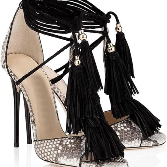 Women's Suede Fringed Trim Ankle Strap Stiletto Tassels Heels - Picture 1 of 6